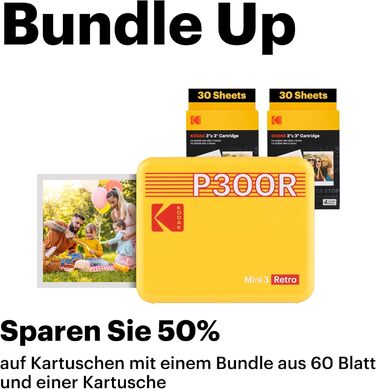 Фотопринтер KODAK Mini 3 Retro: портативний друк 7,6x7,6 см + 68 аркушів, чорний