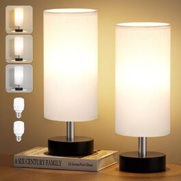 Kakanuo Настільна лампа з 3 колірними температурами, біла лампа з вимикачем, бавовняний абажур, маленька настільна лампа для вітальні, спальні, офісу, дитячої кімнати (LED лампа в комплекті), A-білий+чорний (A-білий+чорний-2 шт.)