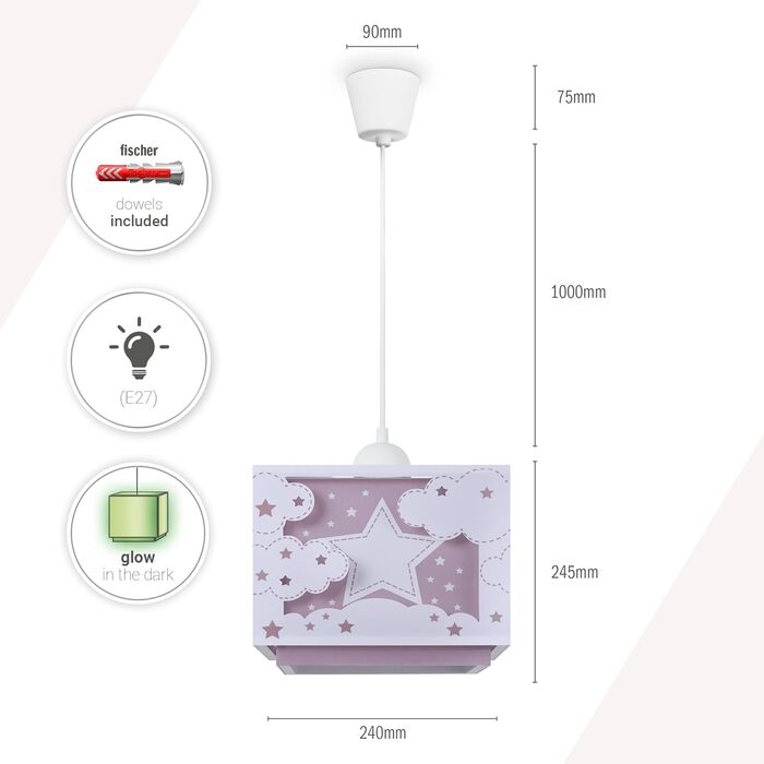 Paco Home Hanging Lamp Children's Room Ceiling Lamp Pendant Light Lampshade Fabric E27 Lion Jungle Glow-in-the-Dark (Star, Pink)