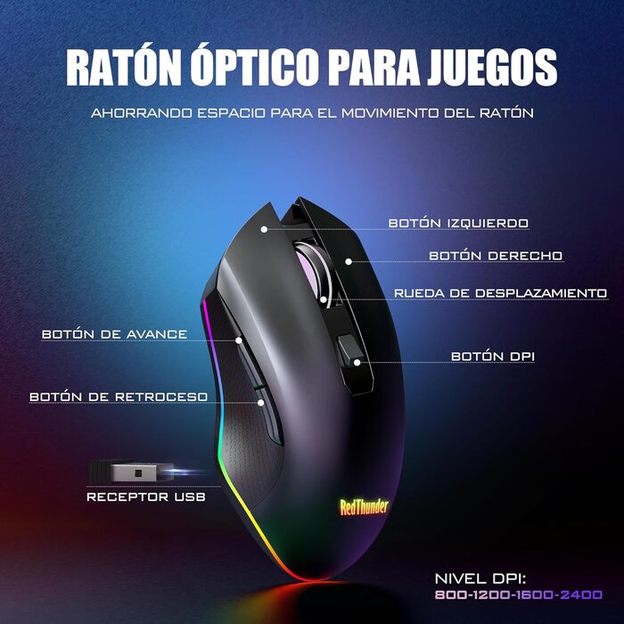 RedThunder K20 TKL Бездротова ігрова клавіатура, RGB-підсвічування, акумулятор, QWERTY ES-клавіатура, 6 мультимедійних клавіш, USB для PC/Mac