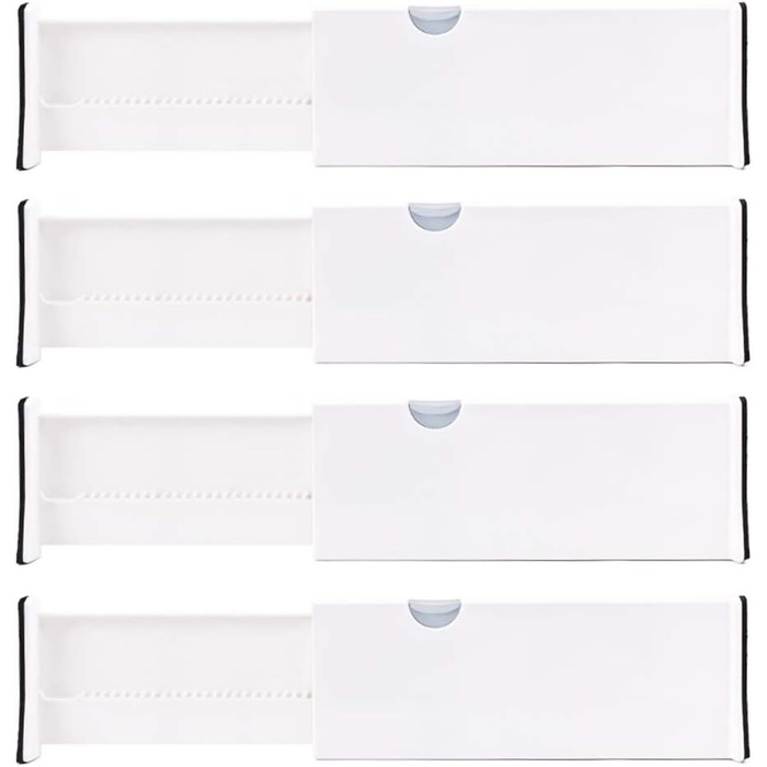 Lawei 4-Pack Adjustable Drawer Dividers Organizer Separators for Bedroom, Bathroom, Dresser, Closet, Baby Drawer, Desk, Kitchen - White