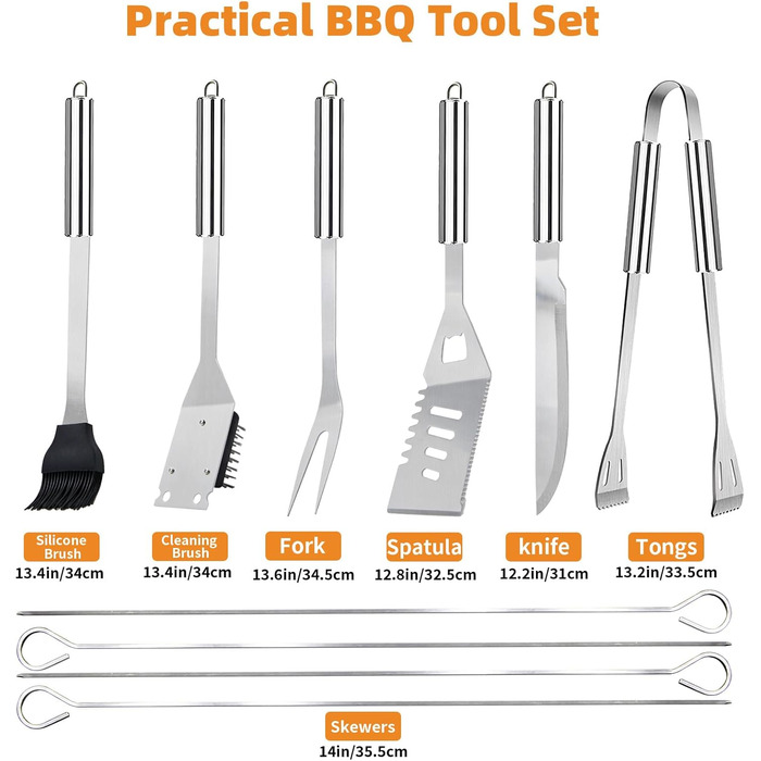 Набір гриль-посуду 11 предметів, 34 см, нержавіюча сталь, аксесуари для гриля: щипці, виделка, переносна сумка, практичний багатофункціональний набір для барбекю, подарунок для чоловіків, сріблястий