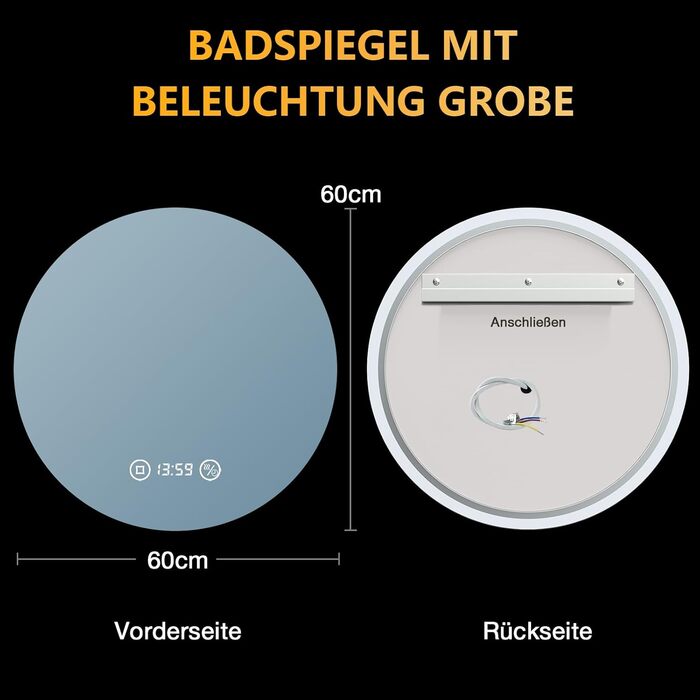Дзеркало для ванної кімнати з підсвічуванням 70 см, LED дзеркало для ванної з підсвічуванням, 3 кольори світла, антизапар, регульована яскравість, сенсорне керування, функція пам'яті, кругле, водонепроникність IP44, 60x60 см