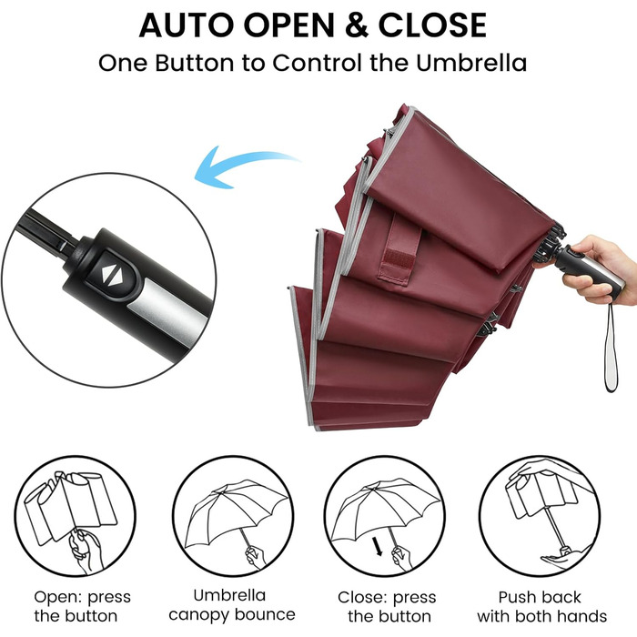 G4Free Парасолька велика, туристична, для гольфу, 10 ребер, автоматична, стійка до вітру, компактна, червона (54 дюйми)