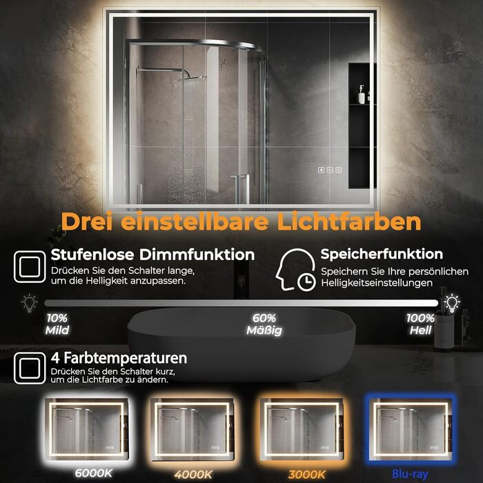 Дзеркало для ванної кімнати SVNR з підсвічуванням 40x60 см, LED, алюмінієва рама, захисне скло, IP44, 3 кольори світла, антизапарник