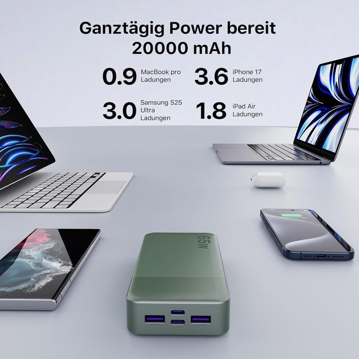 Power Bank NOBIS 20000mAh 65W USB-C PD QC з дисплеєм, зелений - для ноутбука, телефону, планшета