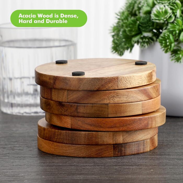 Acacia wood coasters with holder, wooden coaster set for glasses (6-piece), coasters for drinks, bar, cups, glass