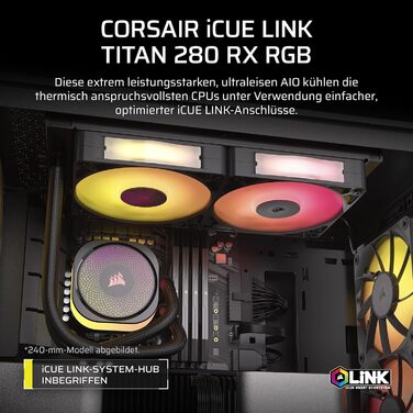 Система водяного охолодження Corsair iCUE LINK Titan 240 RX RGB для CPU (240 мм AIO) з 2 вентиляторами RX120 RGB, сумісна з Intel LGA 1851/1700, AMD AM5/AM4, з iCUE LINK Hub (Чорний)