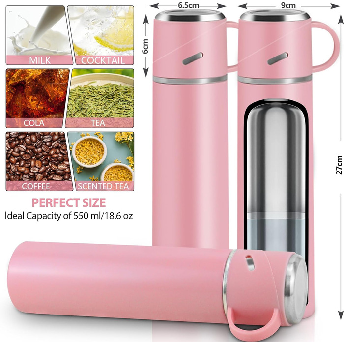 Термос IAGORYUE з нержавіючої сталі, 0.55л, з ізоляцією та кришкою без витоку, з ручкою. Подвійні стінки, зберігає температуру 12 годин. Для спорту, офісу, відпочинку на природі (Рожевий)