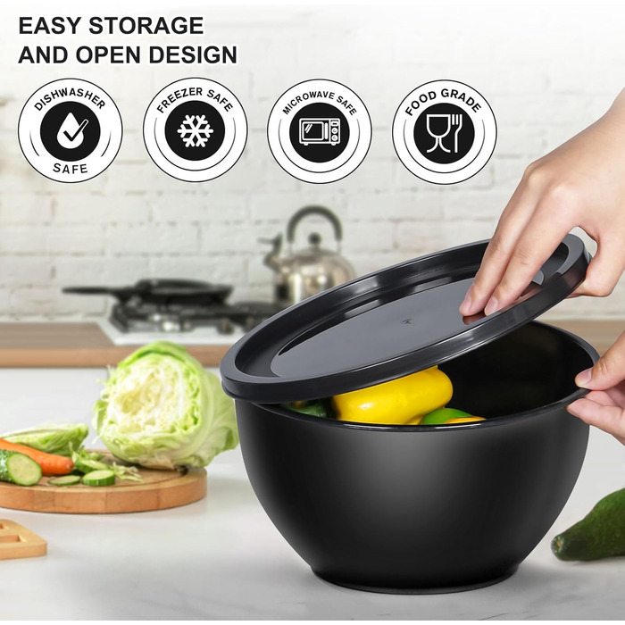 Набір салатниць з кришкою Greentainer, 10 шт. - пластикові миски для кухні, великий набір для змішування та сервірування, чорний