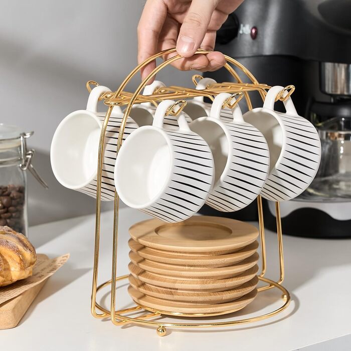 Набір порцелянових чашок для еспресо та кави Лука (6 шт.) з металевим підставкою, 118 мл, смугастий дизайн, білий та чорний