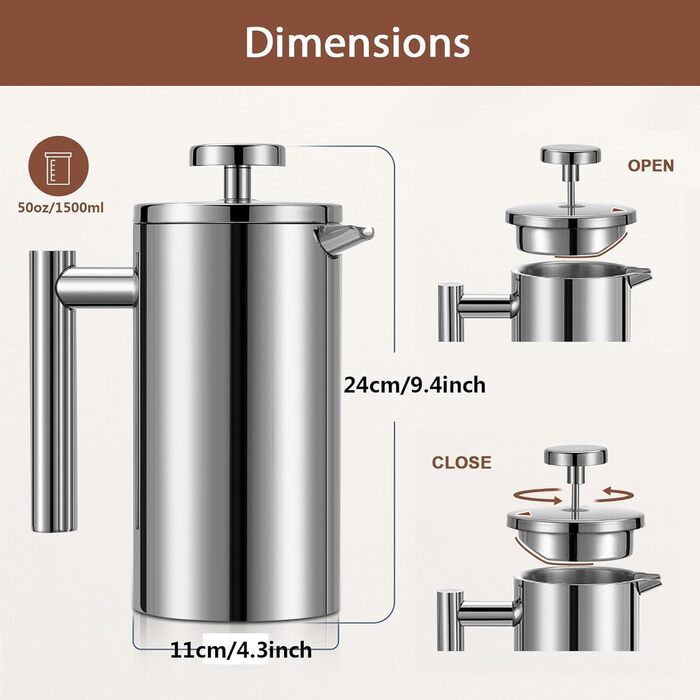 Wrobic French Press Coffee Maker 1.5 Liter Stainless Steel Coffee Maker, Double-Walled Insulated French Press Coffee Pot with 3 Extra Filters (silver, 1500ml) 1500ml Silver