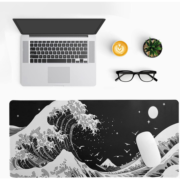 Чорне абстрактне килимок для миші з морем, 80x20 см - килимок для миші з текстурою хвилі, антиковзаюча гумова основа, великий килимок для столу для офісу та дому
