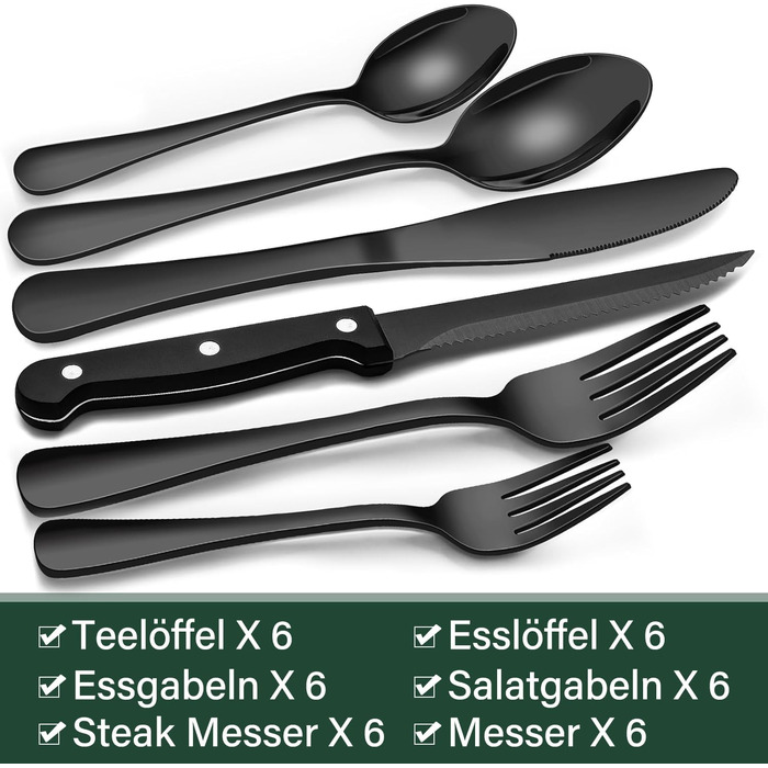 Cutlery Set 6 Persons Black, 36-Piece Stainless Steel Cutlery Set with Steak Knives, Dining Cutlery Set with Knife Fork Spoon, Elegant Tableware for Restaurant/Party, Dishwasher Safe