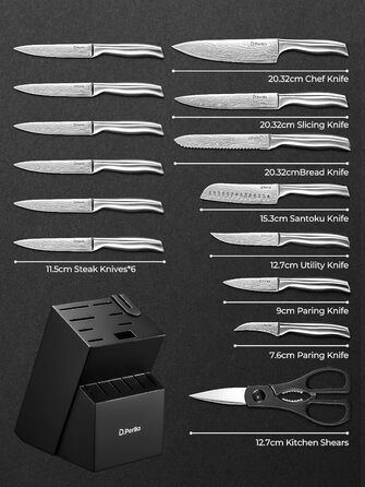 D.Perlla 15-Piece Self-Sharpening Knife Block Set - Professional Stainless Steel Kitchen Knife Set with Ergonomic Handles & Wooden Block