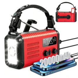 Радіо на сонячній батареї та ручному заводі 20000mAh з USB зарядкою для телефону, AM/FM, погодне радіо, ліхтарик, SOS-сигнал, для кемпінгу та надзвичайних ситуацій (Червоне)