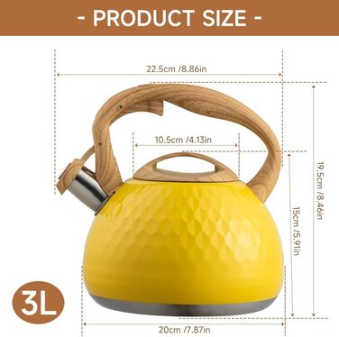 Чайник-свисток з нержавіючої сталі 3L, сумісний з усіма плитами, для чаю та кави, жовтий