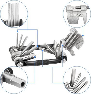 Мультитул для велосипеда 17 в 1: набір інструментів для ремонту велосипеда, знімач ланцюга, шестигранники, ключ для спиць. Підходить для шосейних та гірських велосипедів