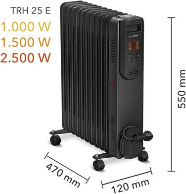 Електричний масляний радіатор Trotec TRH 25 E - 2500 Вт, з пультом дистанційного керування, чорний