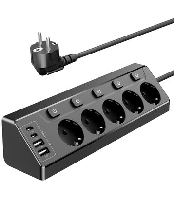 Розподільник розеток з незалежним вимикачем, мережевий фільтр з 4 USB (2 USB-C) + 5 розеток з дитячим захистом, 3680W, 2м подовжувач для кухні, офісу, дому (чорний) 5 розеток Чорний - Розподільник розеток