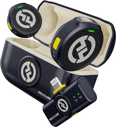 Hollyland Lark M2 бездротовий петличний мікрофон для iPhone 14 та старіших моделей, 300м радіус дії, Hi-Fi звук, шумозаглушення, 30 годин роботи, міні-мікрофон для Vlogging (2TX + Lightning RX + зарядний кейс) Lightning (2TX+1RX) Чорний