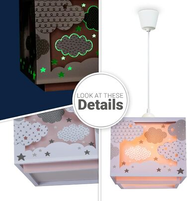 Paco Home Pendant Lamp Children's Room Ceiling Lamp Chandelier Lampshade Fabric E27 Lion Jungle Glow-in-the-Dark (Clouds, Pink)