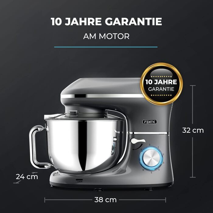 Fentic 2000W Stand Mixer - Stainless Steel Bowl (6.2L) - Kitchen Machine with Dough Hook, Beater, Whisk & Splash Guard - Includes Accessories - Anthracite