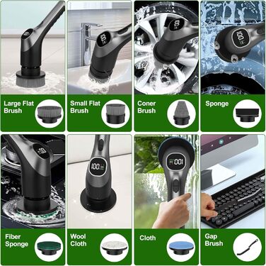 Електрична щітка для чищення з 7 насадок, IPX7, регульована ручка, для ванної кімнати, чорна