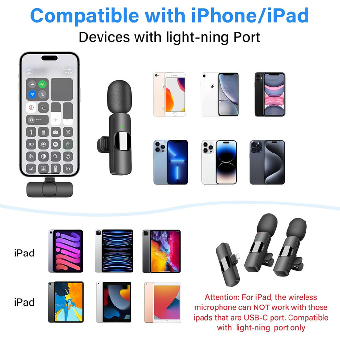 Беспроводной петличный микрофон QINOJA для iPhone, iPad: профессиональный микрофон для видеоблогинга, YouTube, TikTok (ветрозащита, 2 микрофона), пластик