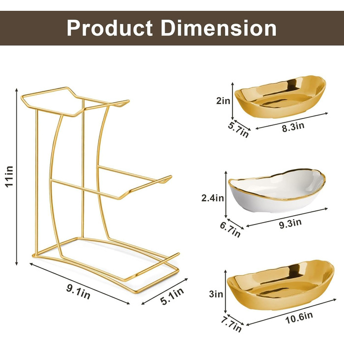 Керамічна фруктова ваза на стільницю, 3-ярусна, з металевим каркасом, золота