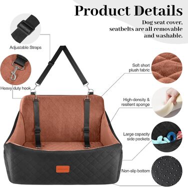 Wooaidagg Dog Car Seat for Medium & Large Dogs - Washable Memory Foam Pet Bed with 2 Leashes (Black/Brown)