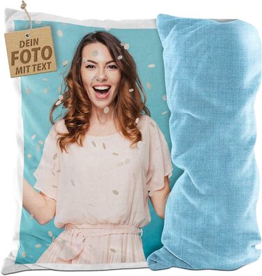PR Print Royal Photo Cushion Cover - Design Your Own with Your Photo - One-Sided Printing - Personalized Photo Gift for Friends and Family - 40 x 40 cm, Backside Light Blue Patterned | Personalized