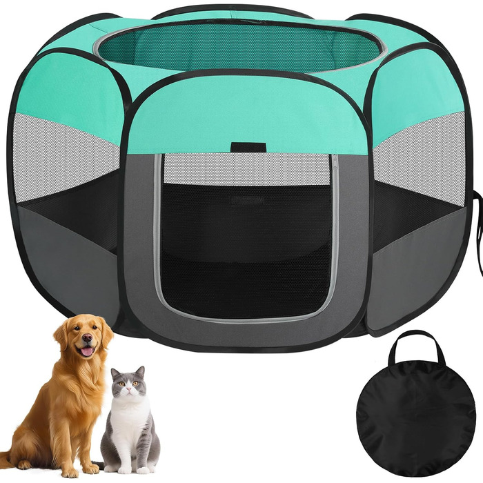 Клітка-забіг для цуценят, вольєр для собак та котів, портативна клітка-забіг для тварин, водовідштовхувальне полотно Oxford, з сумкою для перенесення, для дому, вулиці, кемпінгу (Білий, Зелений, L(110x110x60cm))