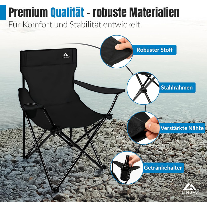 LINUMA® 2 шт. Складний стілець для риболовлі та кемпінгу - чорний, з підстаканником та сумкою для перенесення. Стілець для відпочинку, саду, риболовлі.