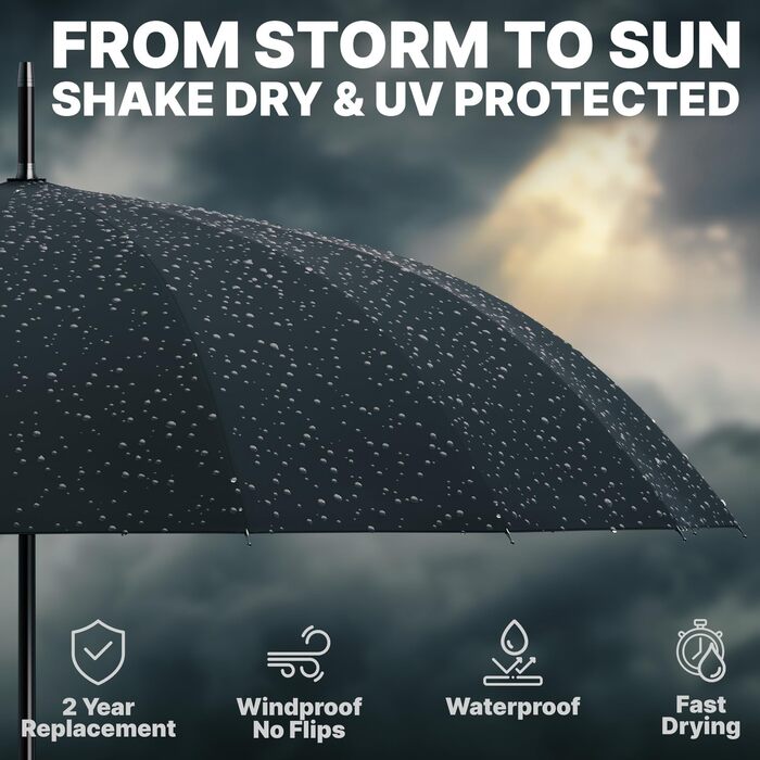 Гольф-парасолька Royal Walk XXL 54 дюйми (140 см) для 2 осіб, штормостійка, з дерев'яною ручкою, 16 ребер, чорна