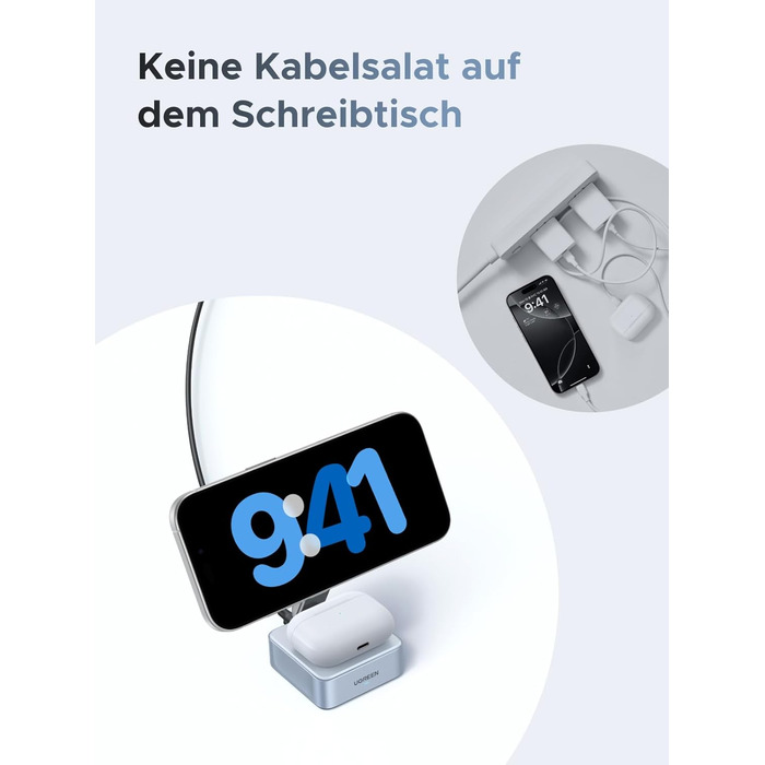 Зарядний пристрій UGREEN MagFlow 2-в-1 MagSafe 25W з підтримкою Qi2, нахильний 70°, для iPhone 16/17, AirPods та Pixel 10 Pro XL, з кабелем 1м