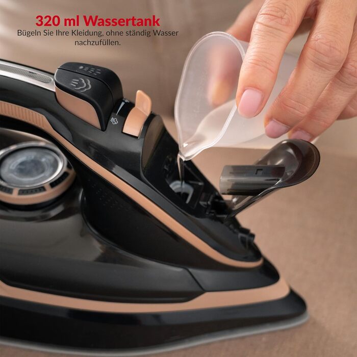 Парове прасування LEHMANN бездротове з базою для зарядки, регулювання температури та 5 програм, керамічна підошва, вертикальний пар, автовимкнення, чорний/рожеве золото
