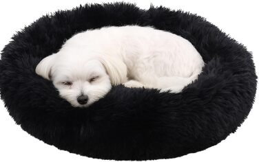 Кругле ліжко для собак та котів Flamingo, м'яке, пухнасте, діаметр 55 см, чорне, знімний наповнювач, 55x55x12 см