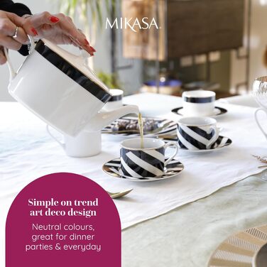 Mikasa Luxe Deco Porcelain Teapot, large 4-cup teapot with filter, 1.1L, Art Deco print and genuine gold accents, dishwasher safe