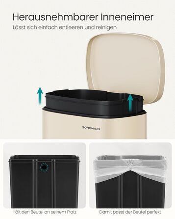 Відро для сміття SONGMICS 50 л з педаллю, нержавіюча сталь, з м'яким закриттям, для кухні (пісочний беж)