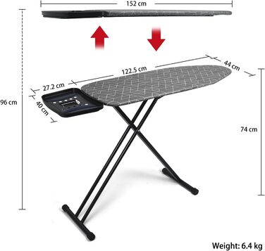 Прасувальна дошка Duwee Extra велика з парогенератором, термостійкий чохол з товстим двошаровим наповнювачем, регульована висота, міцні стабільні ніжки та складана, 122 x 43 см, сіра