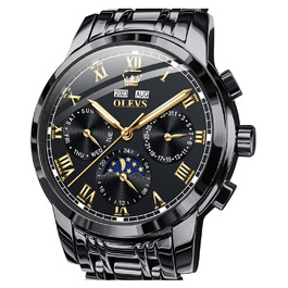 Чоловічий механічний годинник OLEVS 6692 з автопідзаводом: золотистий корпус, чорний циферблат та ремінець, фаза місяця, водонепроникний, люкс бізнес-стиль