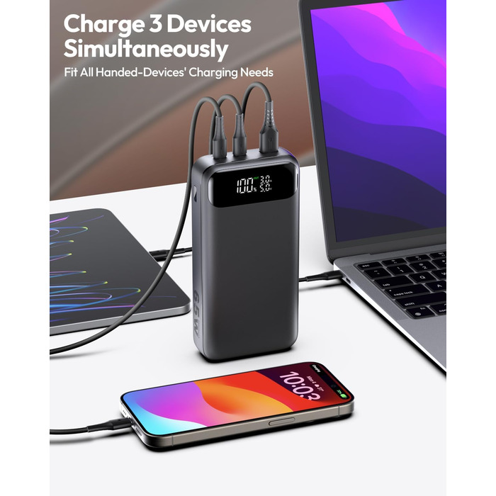 Power Bank ADDTOP 20000mAh 65W: зарядний пристрій для телефону та ноутбука (USB-C, чорний)