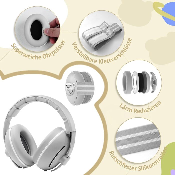 Навушники-захисники для малюків 2-в-1, від 0 до 48 місяців (сірий)