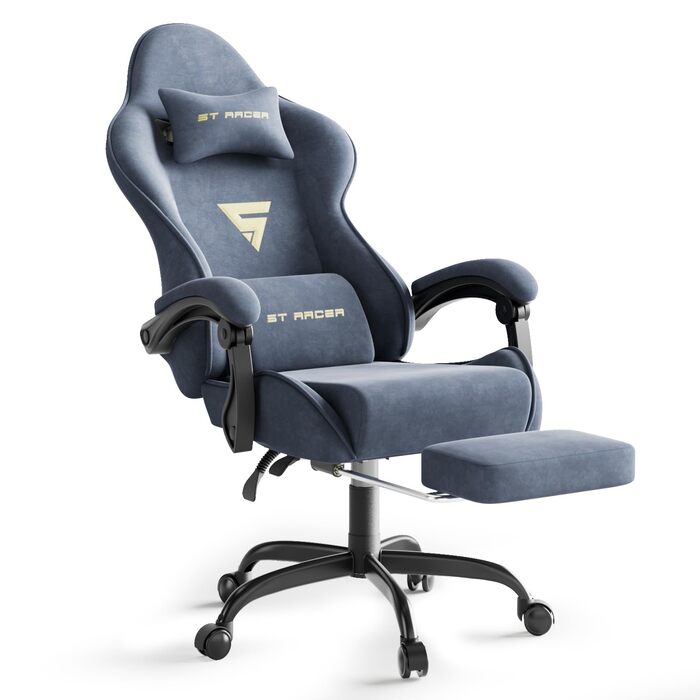 Геймерське крісло Ferghana Ergonomischer з підголівником та підтримкою спини, сталево-синій, для роботи та ігор, тканинне, високої якості