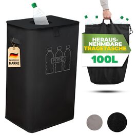 Deposit bottle collection container with lid and carrying bag | Deposit container with drop-in opening | Ideal bottle organizer for collecting deposits, bottle collector, empty container for kitchen black (Black)