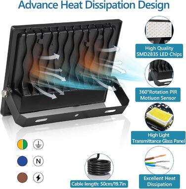200W LED Flood Light Outdoor, 20000LM LED Spotlight, 7000K Cool White Spotlight, IP67 Waterproof Floodlight, for Backyard, Courtyards, Garage, Hallway, Garden (50W-1PC)