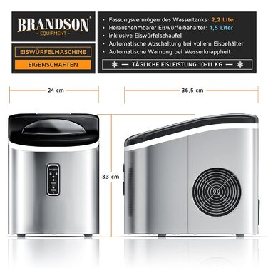 Машина для приготування льоду Brandson з нержавіючої сталі, 2.2 л, самоочищення, маленькі та великі кубики льоду, срібна