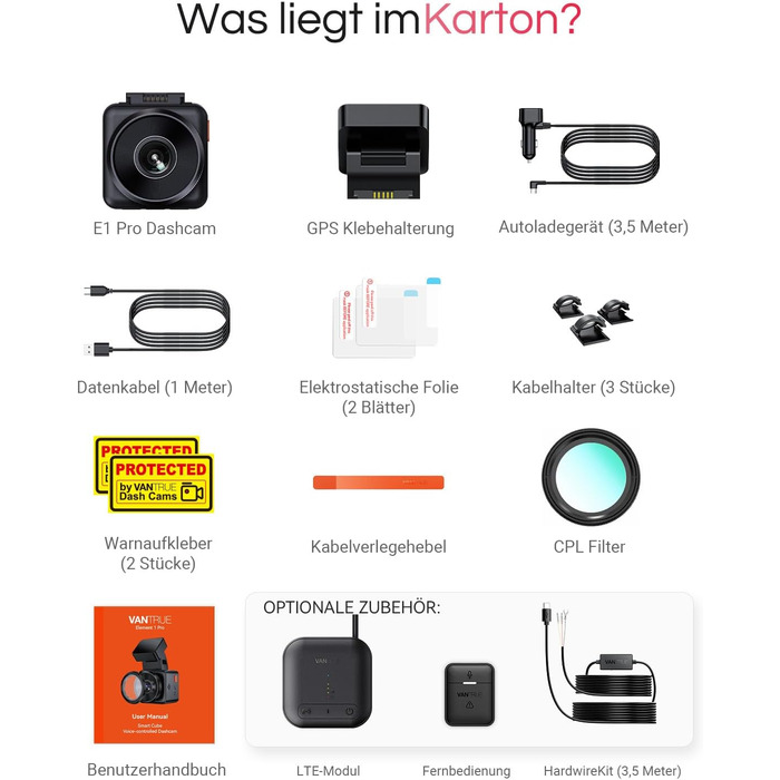 Відеореєстратор VANTRUE E1 Pro 4K HDR STARVIS: Автомобільний відеореєстратор з GPS, Wi-Fi, нічним баченням та паркувальним режимом