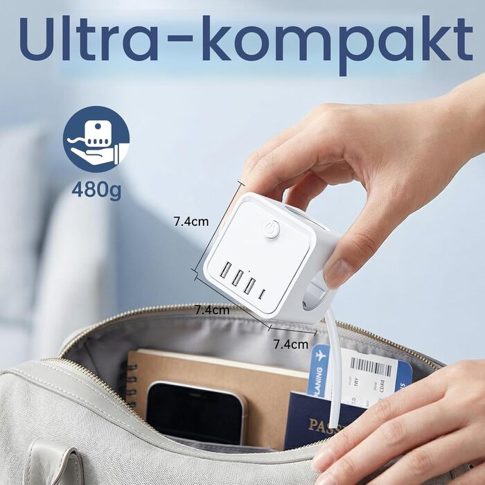 Мережевий фільтр (подовжувач) 7 в 1 з USB-портами, 3 розетки, з вимикачем, кабель 2м, білий — для дому та офісу
